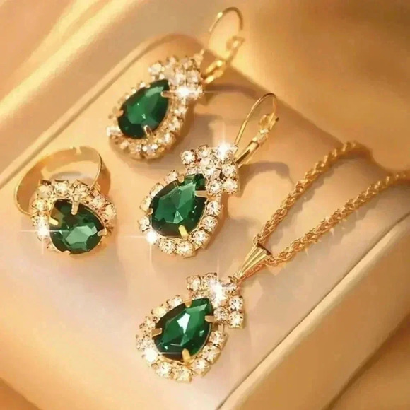 Women's 4-Piece Green Drip Shaped Rhinestones Jewelry Set - Emerald Like - Picture 7 of 14